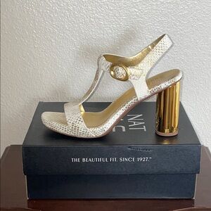 Naturalizer White Textured Leather Sandals with Gold Block Heel